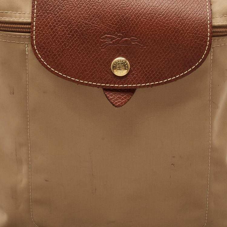 Pre Owned Longchamp Beige/Brown Nylon and Leather Le Pliage Backpack