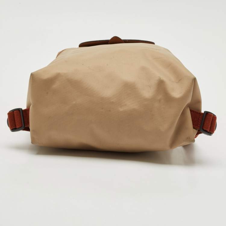 Pre Owned Longchamp Beige/Brown Nylon and Leather Le Pliage Backpack
