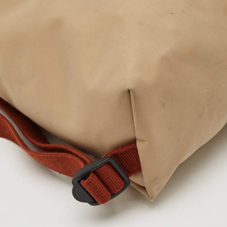 Pre Owned Longchamp Beige/Brown Nylon and Leather Le Pliage Backpack