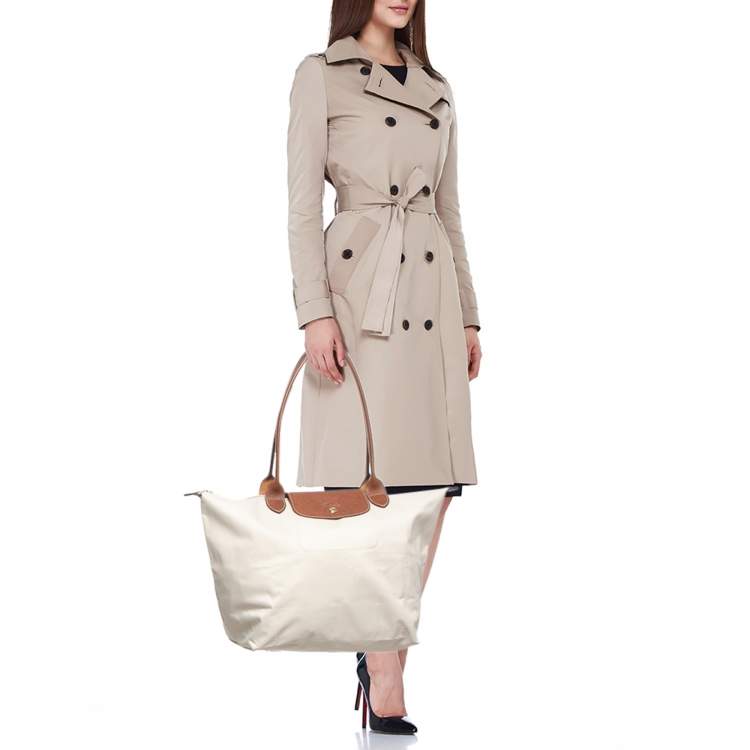 Pre Owned Longchamp Beige/Brown Nylon Large Le Pliage Tote