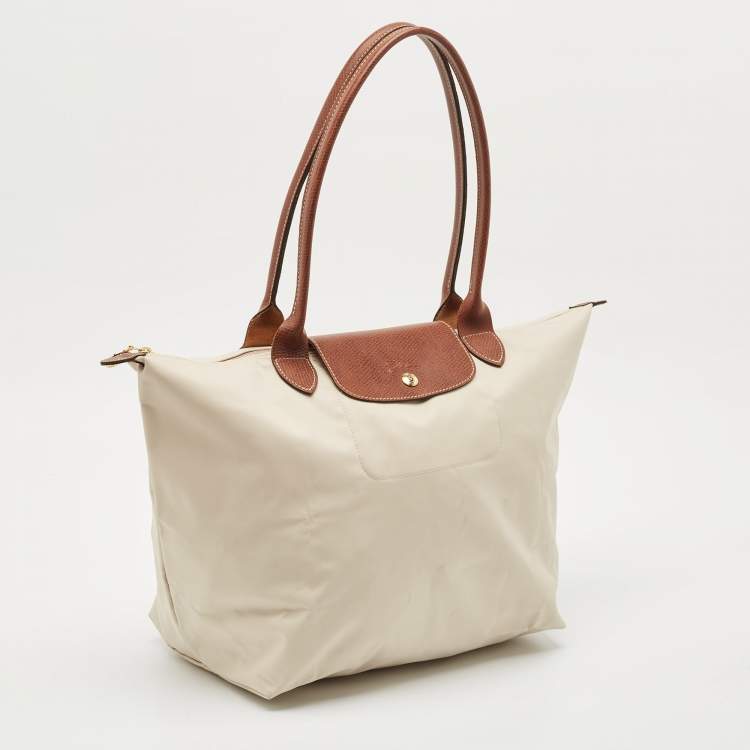 Pre Owned Longchamp Beige/Brown Nylon Large Le Pliage Tote