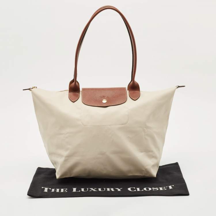 Pre Owned Longchamp Beige/Brown Nylon Large Le Pliage Tote