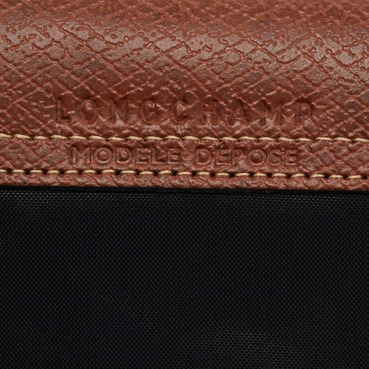 Pre Owned Longchamp Black/Brown Leather and Nylon Le Pliage Pouch