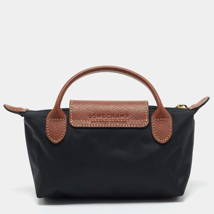 Pre Owned Longchamp Black/Brown Leather and Nylon Le Pliage Pouch
