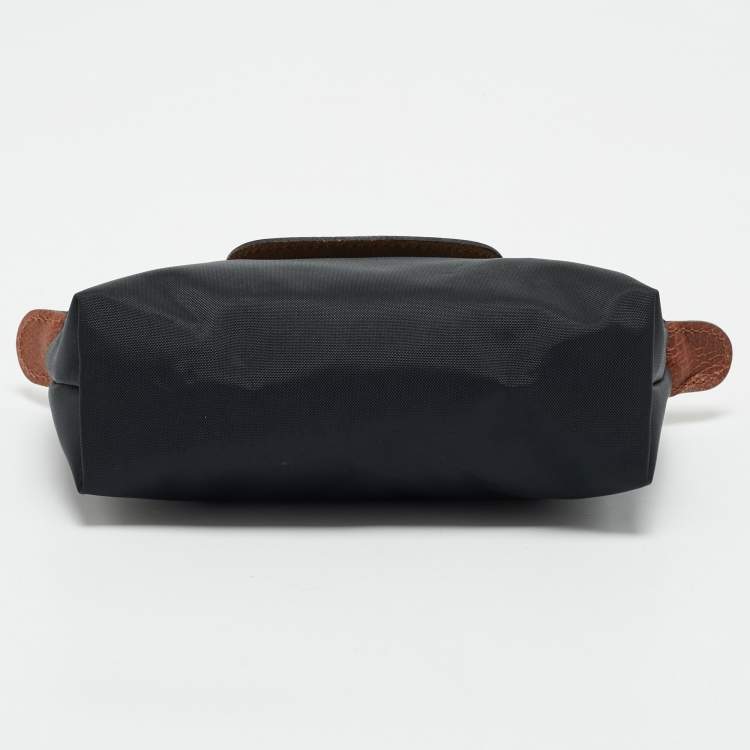 Pre Owned Longchamp Black/Brown Leather and Nylon Le Pliage Pouch