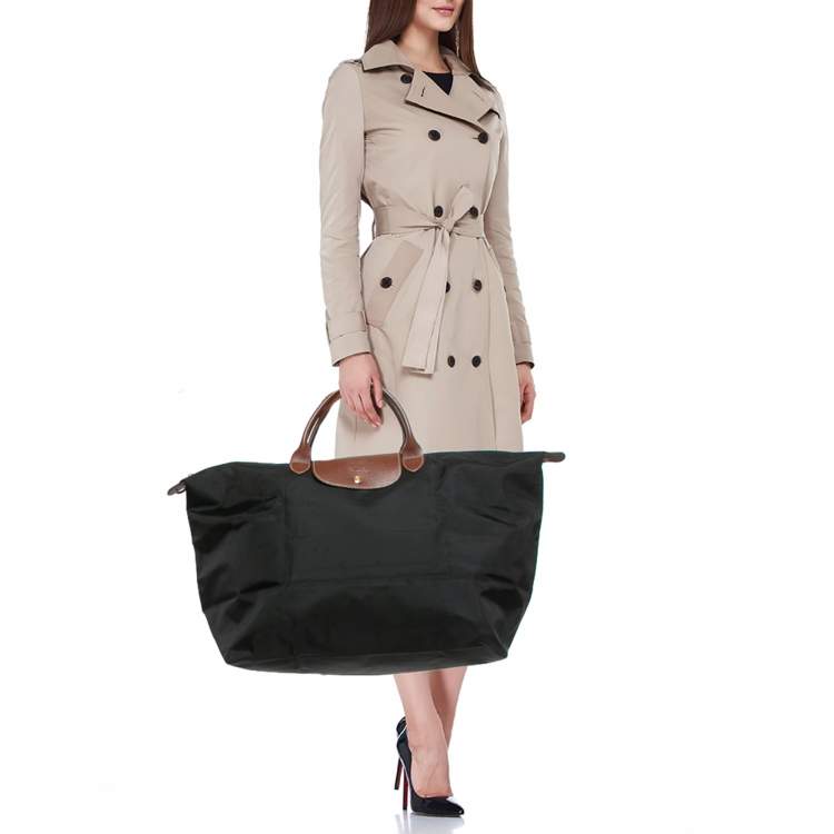 Pre Owned Longchamp Black/Brown Nylon and Leather Large Le Pliage Travel Bag
