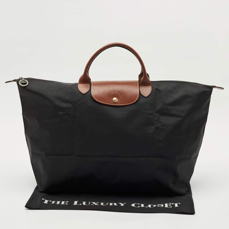 Pre Owned Longchamp Black/Brown Nylon and Leather Large Le Pliage Travel Bag