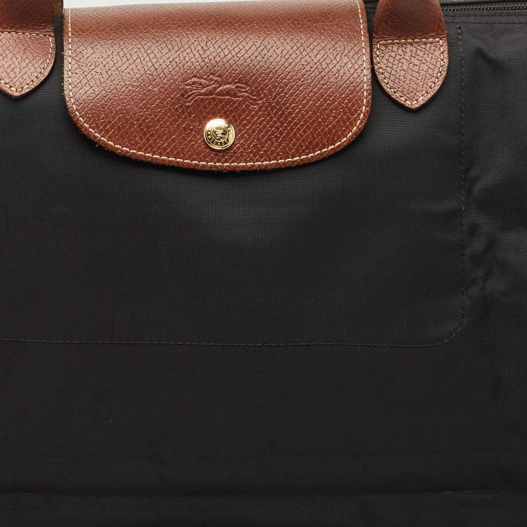 Pre Owned Longchamp Black/Brown Nylon and Leather Large Le Pliage Travel Bag