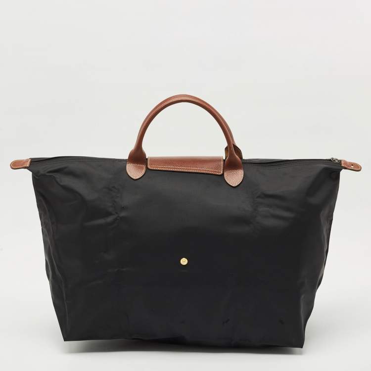 Pre Owned Longchamp Black/Brown Nylon and Leather Large Le Pliage Travel Bag