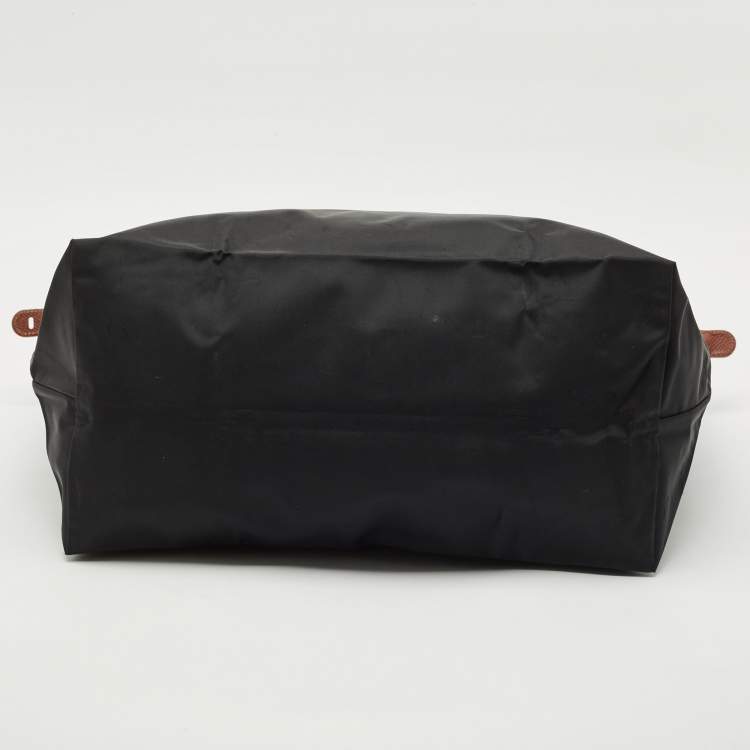 Pre Owned Longchamp Black/Brown Nylon and Leather Large Le Pliage Travel Bag