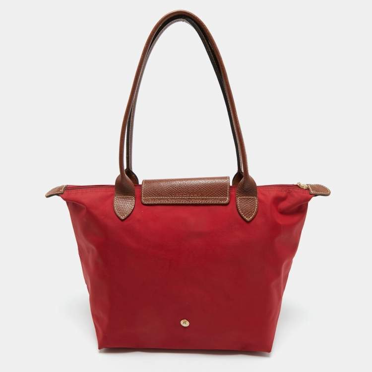 Pre Owned Longchamp Red/Brown Nylon Small Le Pliage Tote
