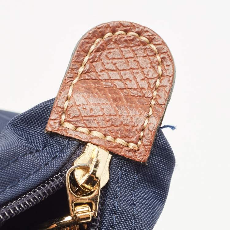 Pre Owned Longchamp Navy Blue/Brown Nylon and Leather Small Short Le Pliage Tote