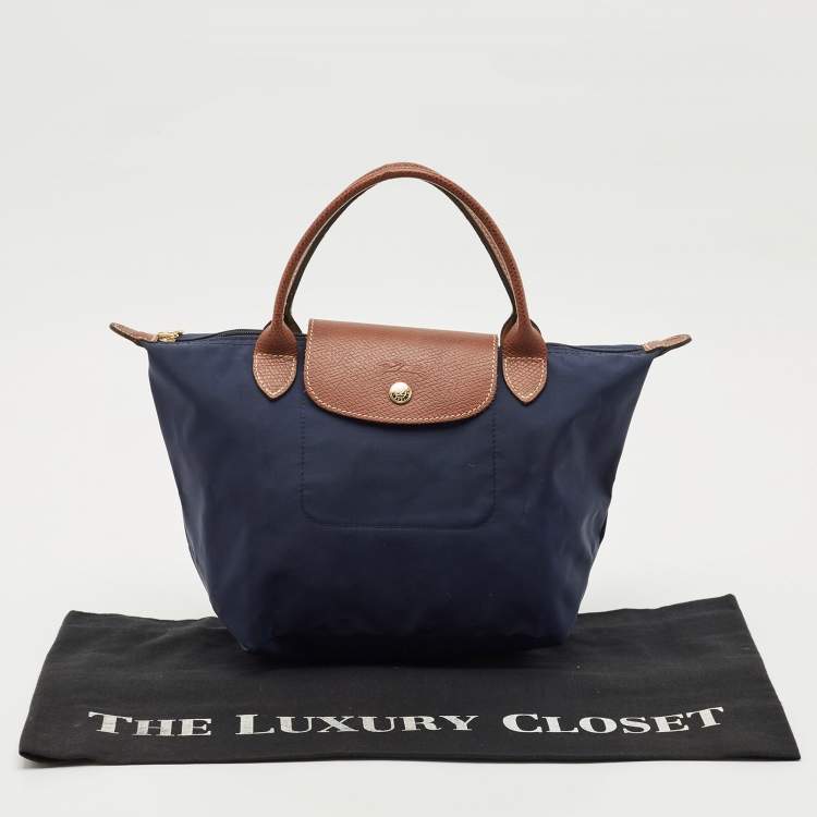Pre Owned Longchamp Navy Blue/Brown Nylon and Leather Small Short Le Pliage Tote