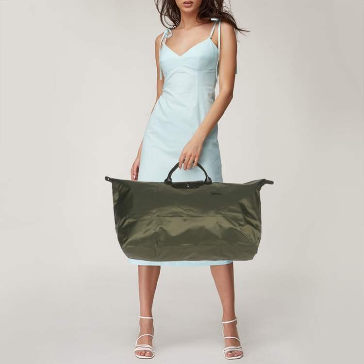 Pre Owned Longchamp Green Nylon and Leather Large Le Pliage Travel Bag