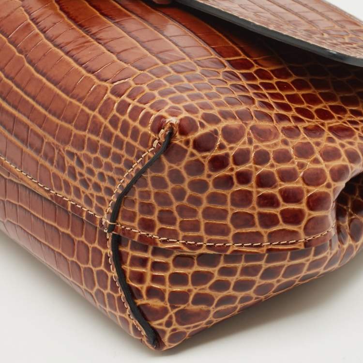 مملوكة مسبقًا Longchamp Brown Croc Embossed Leather Roseau Crossbody Bag