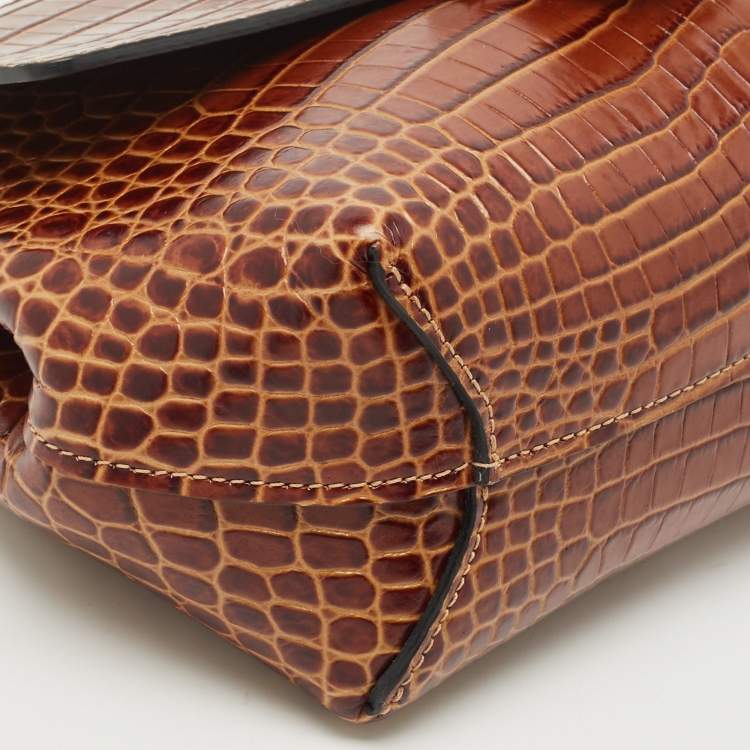 مملوكة مسبقًا Longchamp Brown Croc Embossed Leather Roseau Crossbody Bag