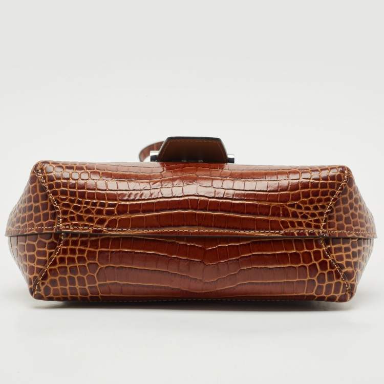 مملوكة مسبقًا Longchamp Brown Croc Embossed Leather Roseau Crossbody Bag