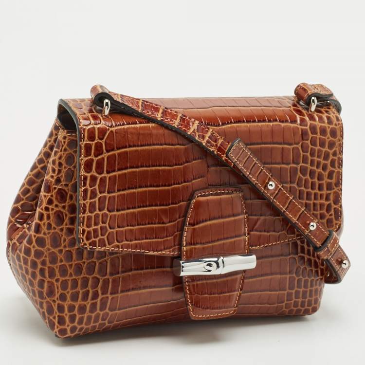 مملوكة مسبقًا Longchamp Brown Croc Embossed Leather Roseau Crossbody Bag