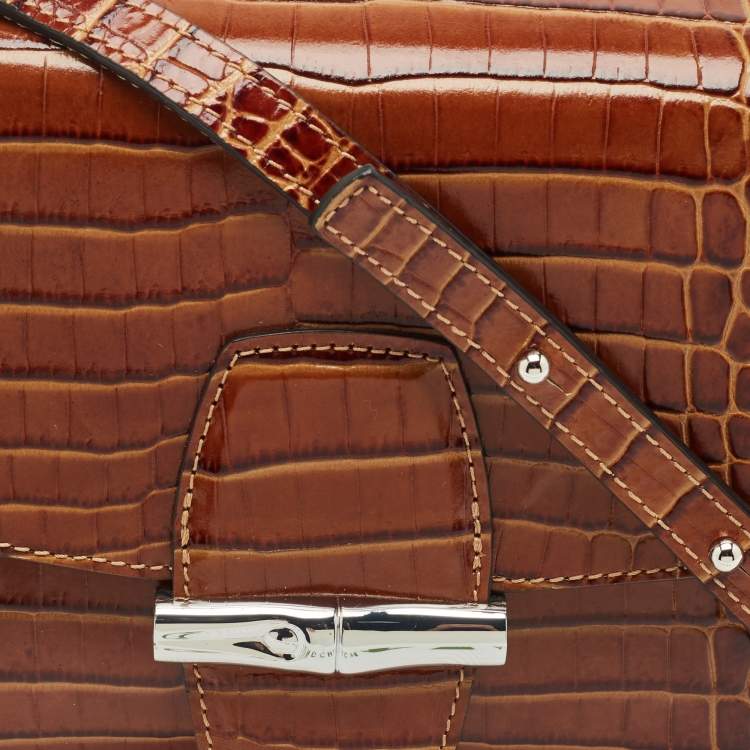 مملوكة مسبقًا Longchamp Brown Croc Embossed Leather Roseau Crossbody Bag