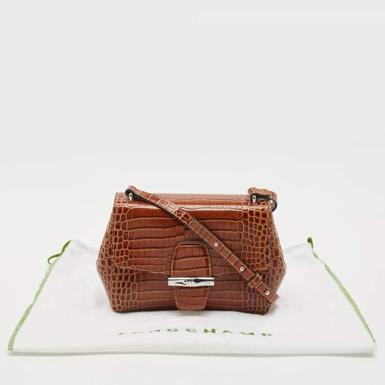 مملوكة مسبقًا Longchamp Brown Croc Embossed Leather Roseau Crossbody Bag