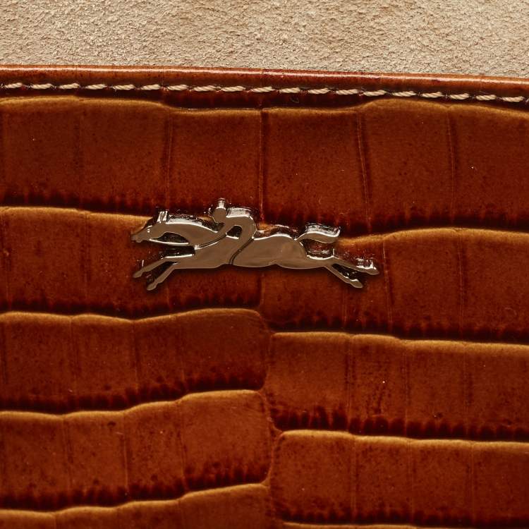 مملوكة مسبقًا Longchamp Brown Croc Embossed Leather Roseau Crossbody Bag