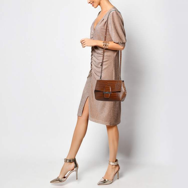 مملوكة مسبقًا Longchamp Brown Croc Embossed Leather Roseau Crossbody Bag