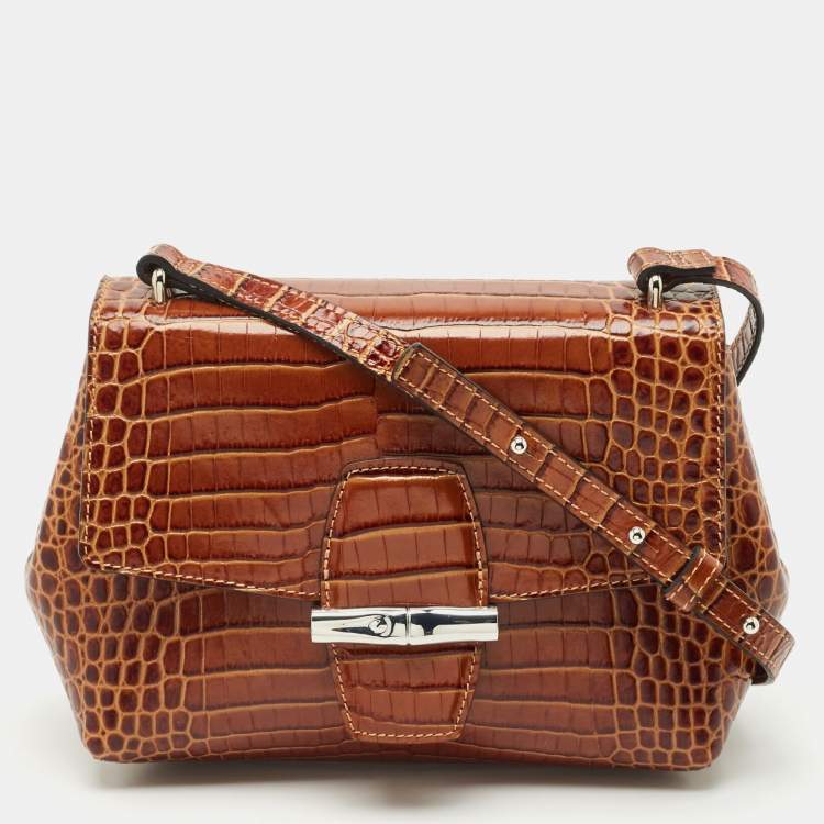 مملوكة مسبقًا Longchamp Brown Croc Embossed Leather Roseau Crossbody Bag