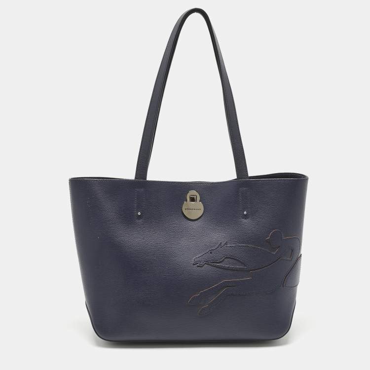 Pre Owned Longchamp Navy Blue Leather Shop it Shopper Tote