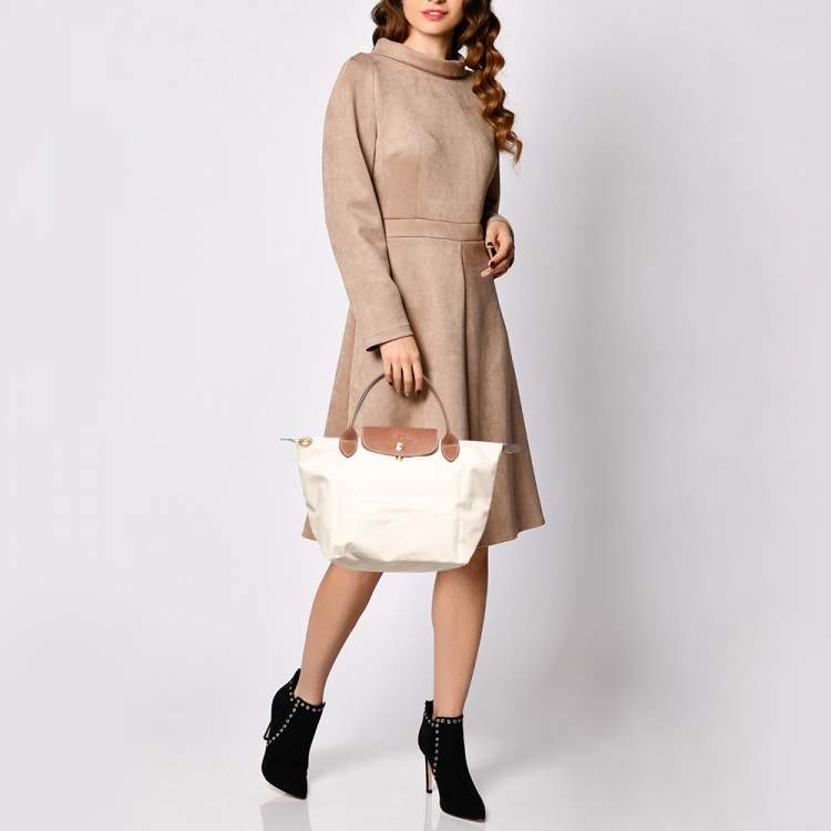 Pre Owned Longchamp Beige/Brown Nylon and Leather Small Short Le Pliage Tote