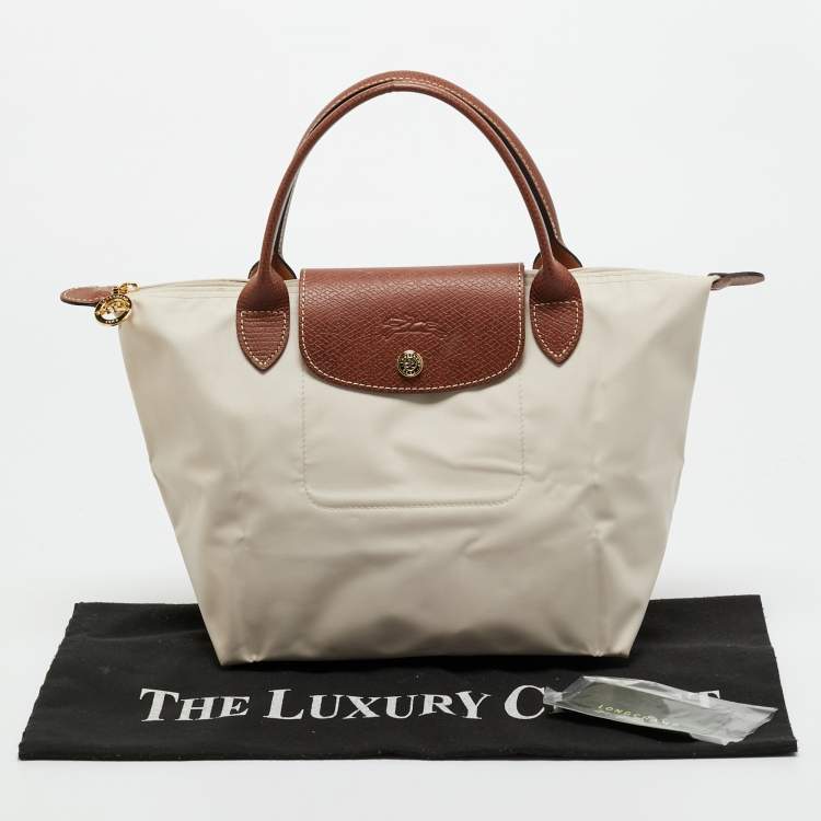 Pre Owned Longchamp Beige/Brown Nylon and Leather Small Short Le Pliage Tote