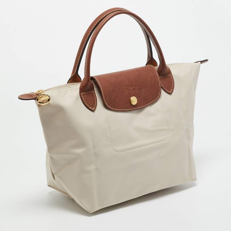 Pre Owned Longchamp Beige/Brown Nylon and Leather Small Short Le Pliage Tote