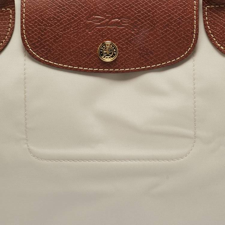 Pre Owned Longchamp Beige/Brown Nylon and Leather Small Short Le Pliage Tote