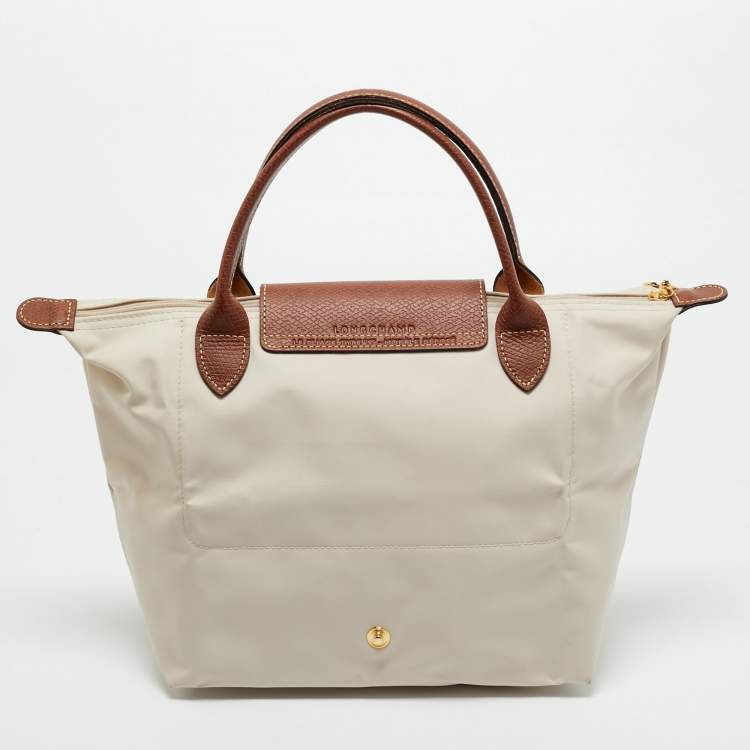 Pre Owned Longchamp Beige/Brown Nylon and Leather Small Short Le Pliage Tote