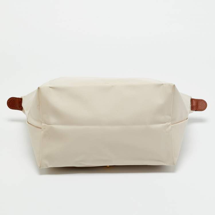 Pre Owned Longchamp Beige/Brown Nylon and Leather Small Short Le Pliage Tote
