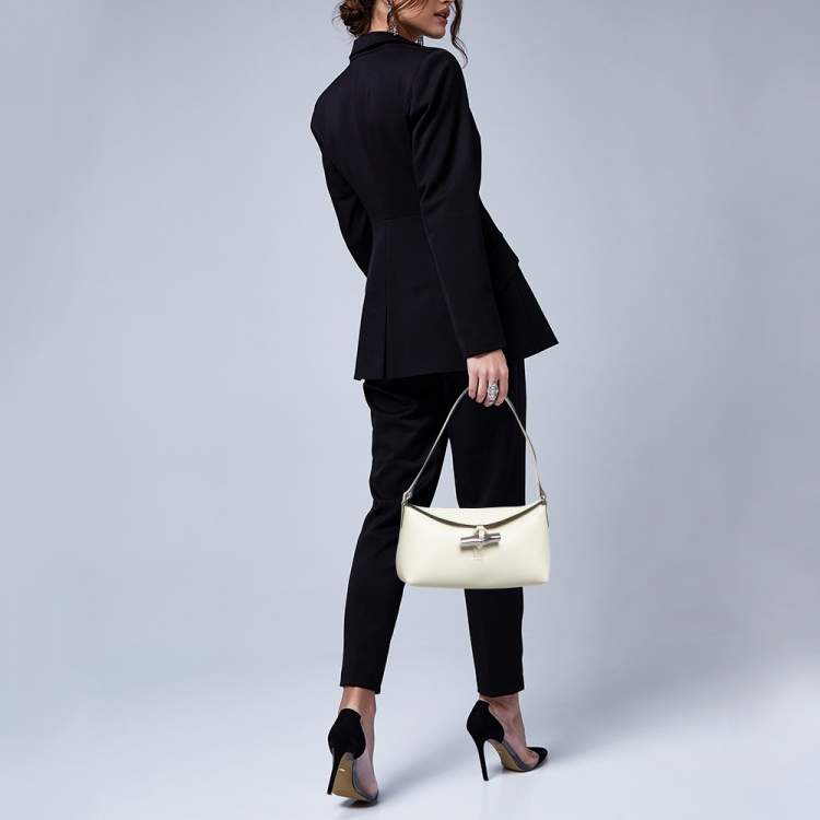 Pre Owned Longchamp Off White Leather Le Roseau Shoulder Bag