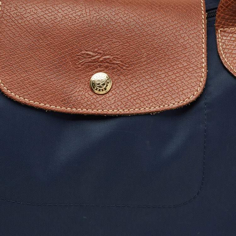 مملوكة مسبقًا Longchamp Navy Blue/Brown Nylon Large Le Pliage Tote
