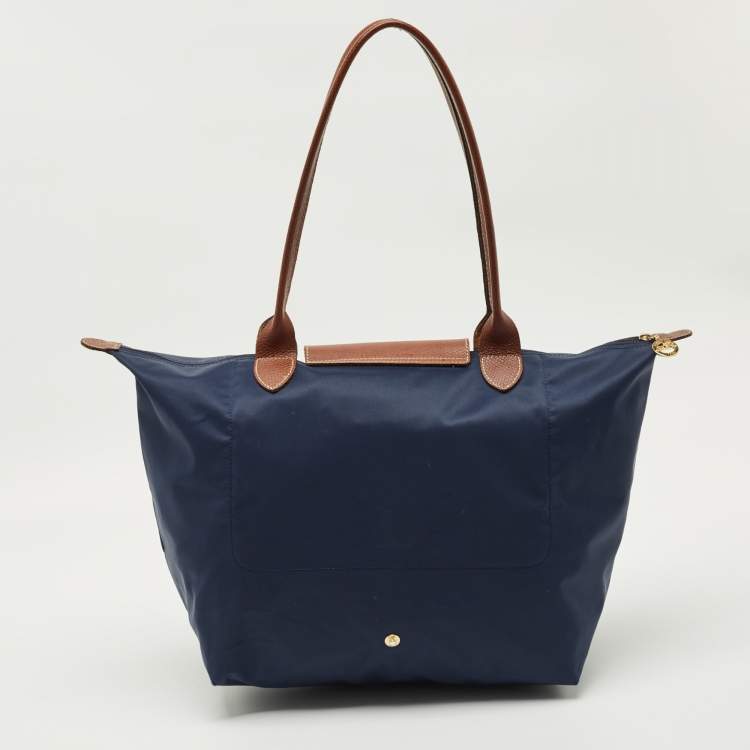 مملوكة مسبقًا Longchamp Navy Blue/Brown Nylon Large Le Pliage Tote