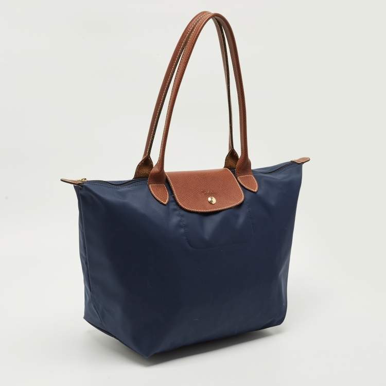 مملوكة مسبقًا Longchamp Navy Blue/Brown Nylon Large Le Pliage Tote