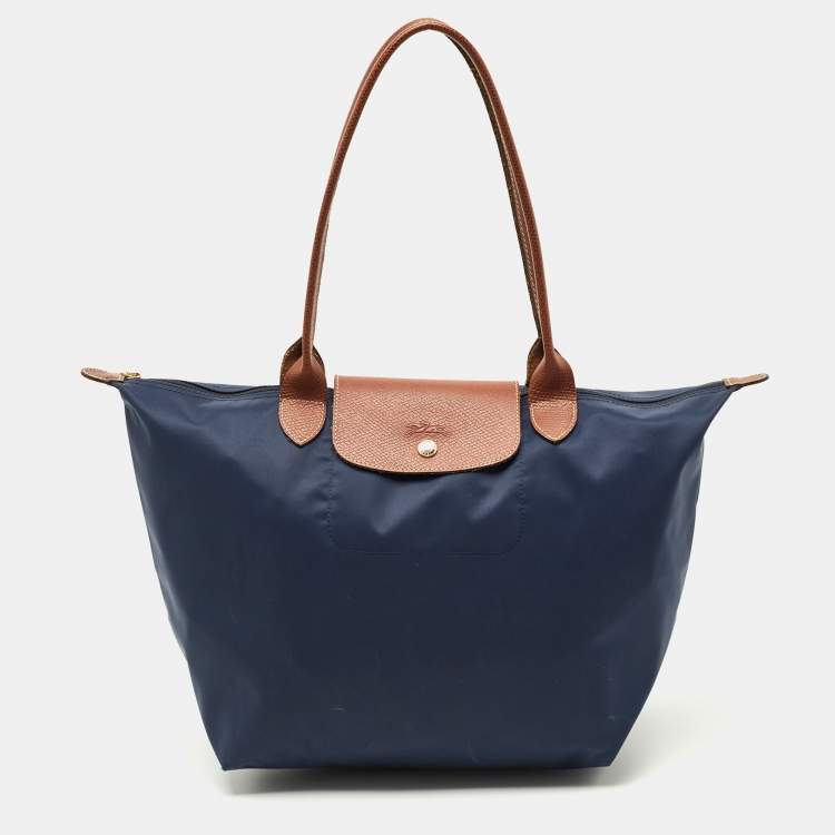 مملوكة مسبقًا Longchamp Navy Blue/Brown Nylon Large Le Pliage Tote