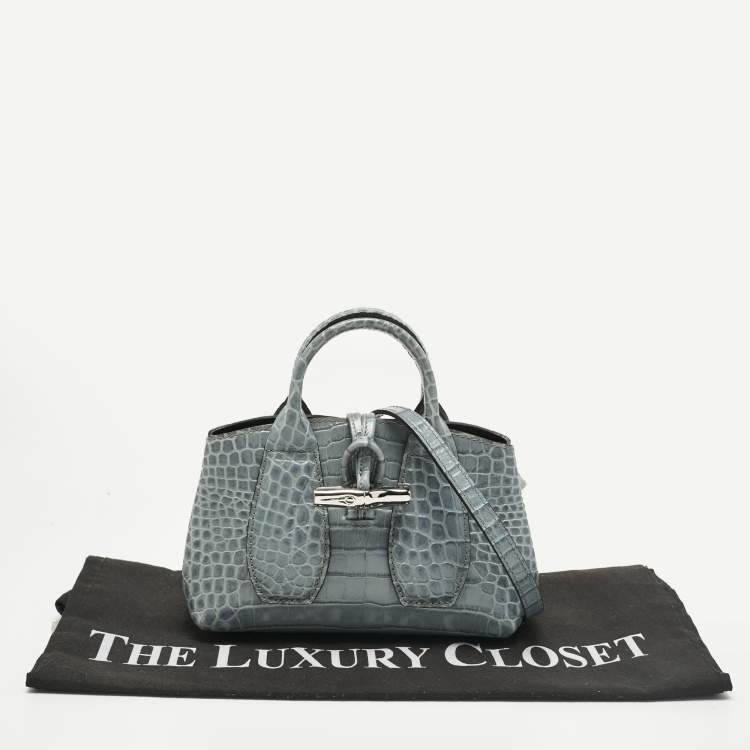 Pre Owned Longchamp Blue Croc Embossed Leather Roseau Crossbody Bag