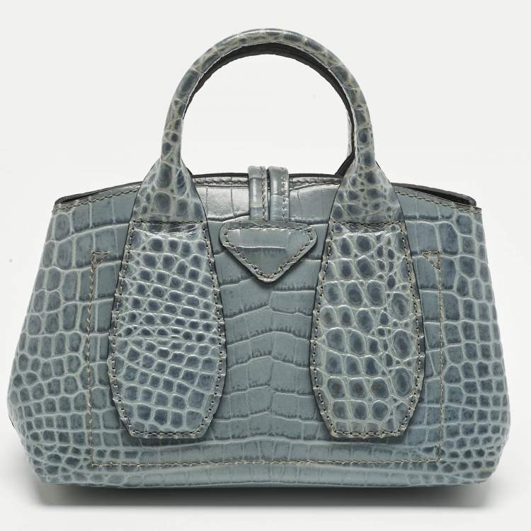 Pre Owned Longchamp Blue Croc Embossed Leather Roseau Crossbody Bag