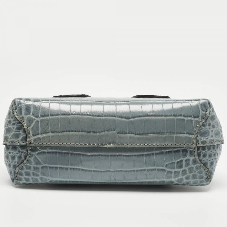 Pre Owned Longchamp Blue Croc Embossed Leather Roseau Crossbody Bag
