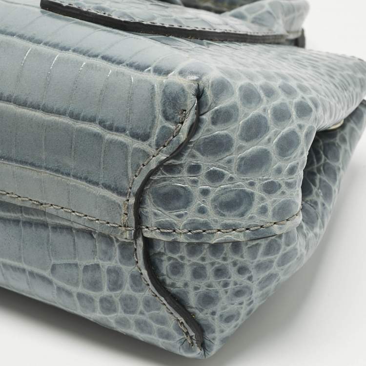 Pre Owned Longchamp Blue Croc Embossed Leather Roseau Crossbody Bag