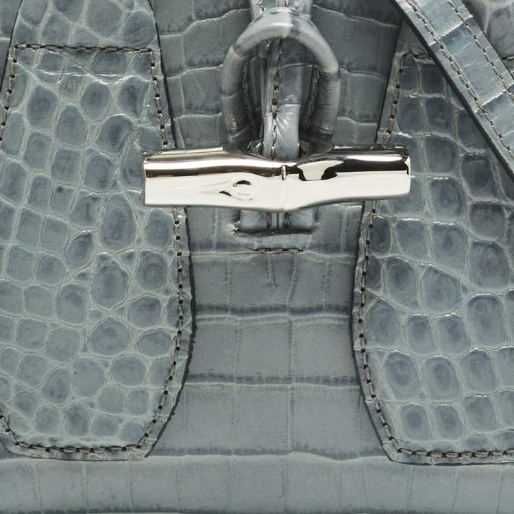 Pre Owned Longchamp Blue Croc Embossed Leather Roseau Crossbody Bag