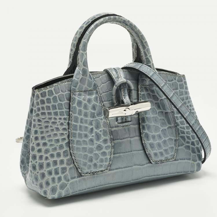 Pre Owned Longchamp Blue Croc Embossed Leather Roseau Crossbody Bag