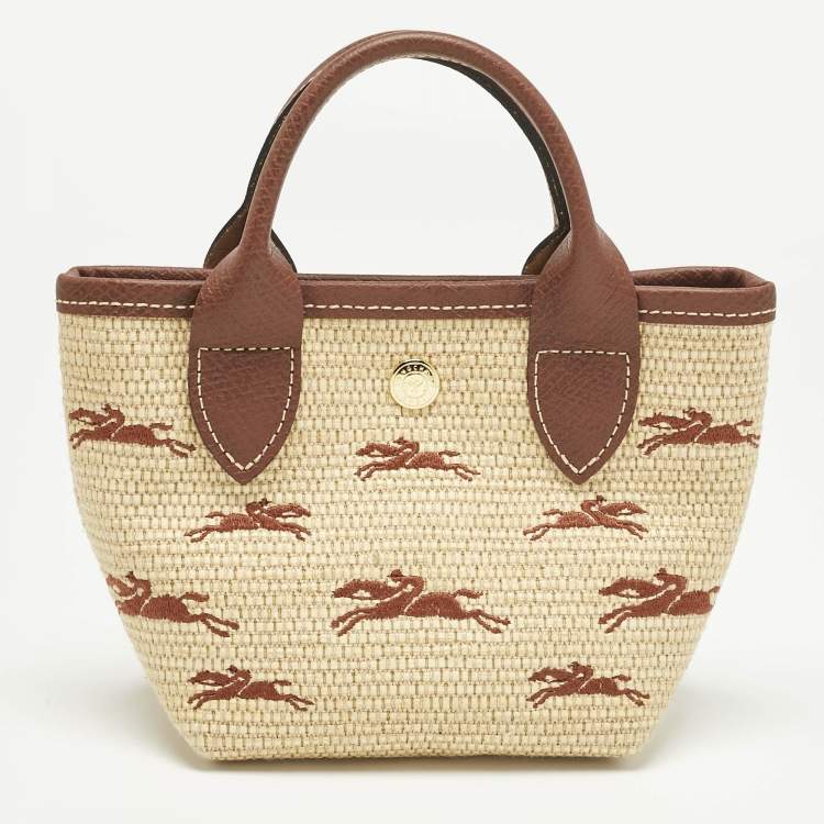 Pre Owned Longchamp Brown/Natural Raffia XS Le Panier Pliage Basket Tote