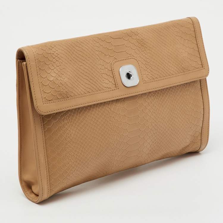 Pre Owned Longchamp Beige Croc Embossed Leather Oversized Clutch