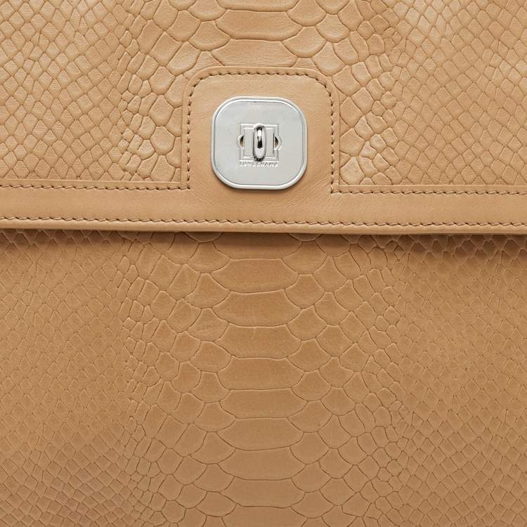 Pre Owned Longchamp Beige Croc Embossed Leather Oversized Clutch
