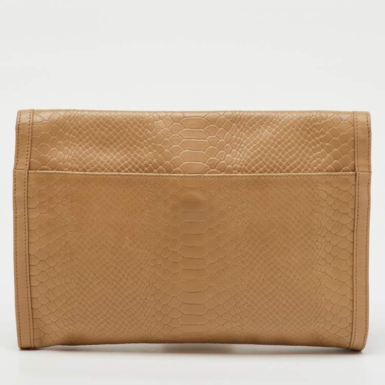 Pre Owned Longchamp Beige Croc Embossed Leather Oversized Clutch