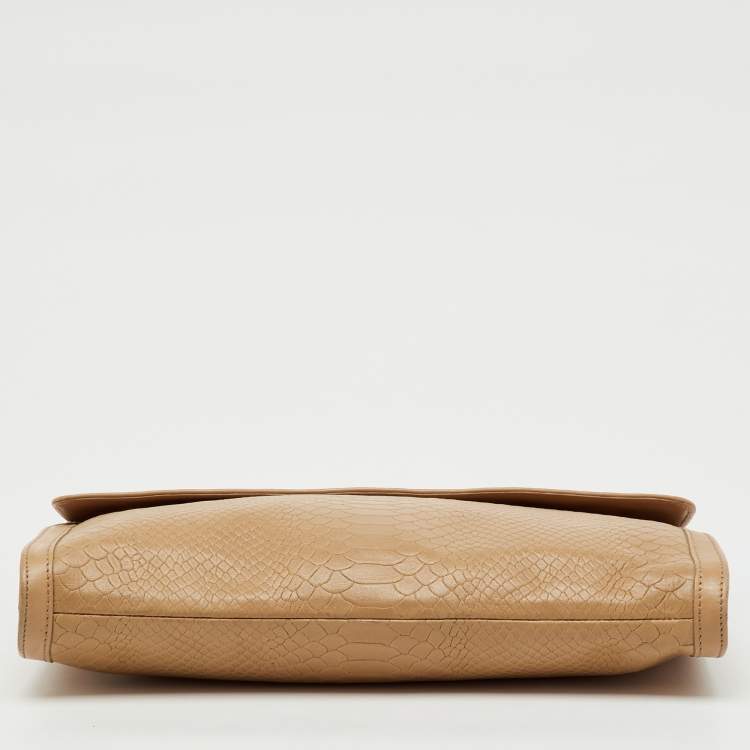 Pre Owned Longchamp Beige Croc Embossed Leather Oversized Clutch
